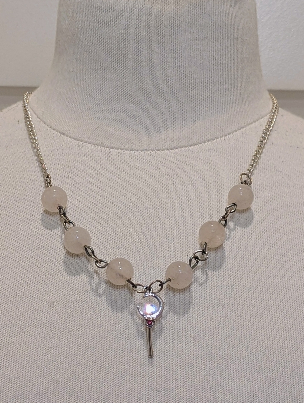 NWOT Handmade Sailor Moon Necklace with Rose Quartz and Moon Stick Pendant